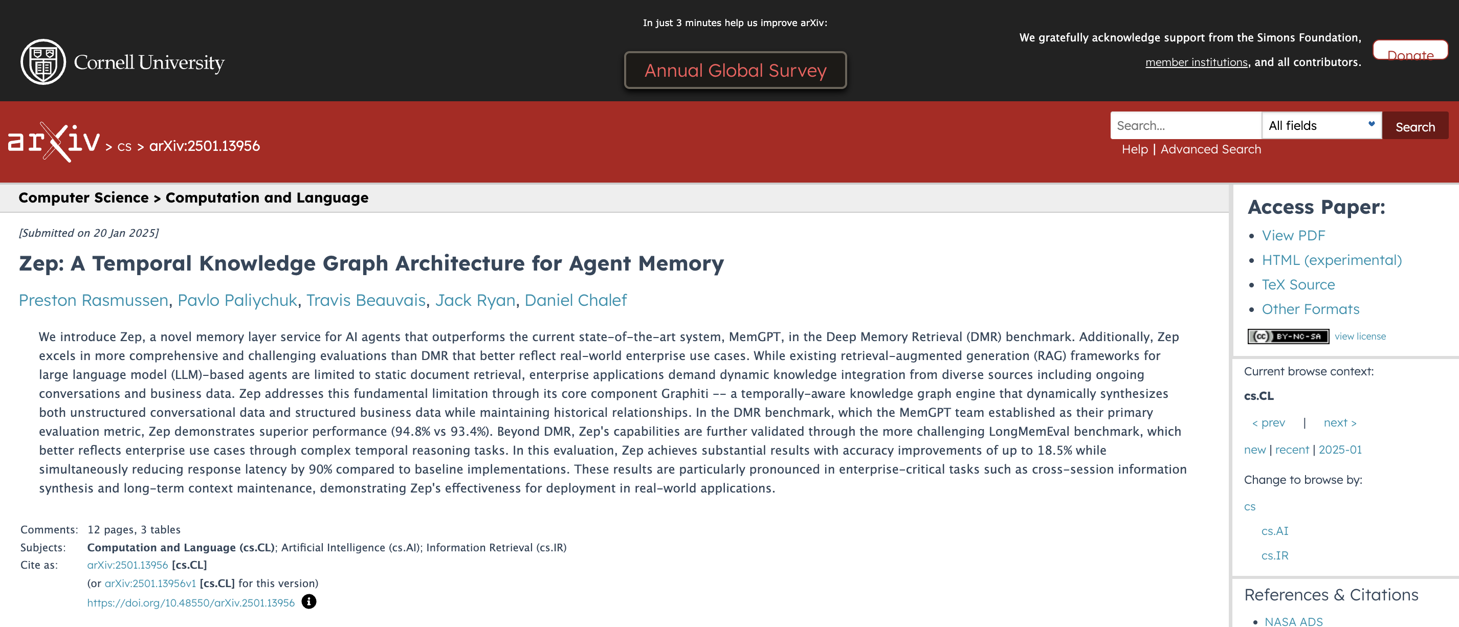 Zep: A Temporal Knowledge Graph Architecture for Agent Memory